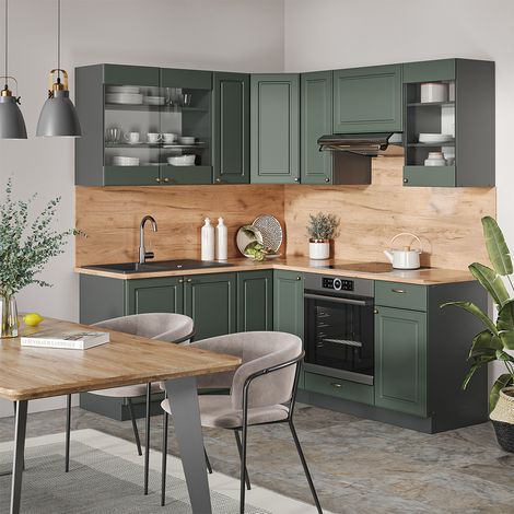 Cucina angolare completa Fame-Line, Verde-oro Country House/Antracite, 160 x 190 cm , PL Marmo, Vicco