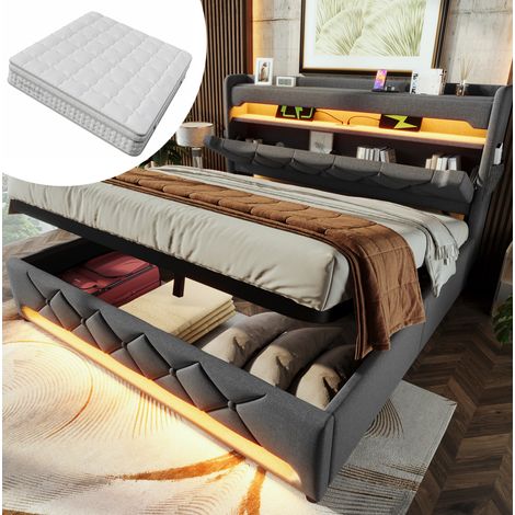 Cama doble 180x200 cm de tela gris con LED, almacenaje y colchón – MEUBLIV (1/5)