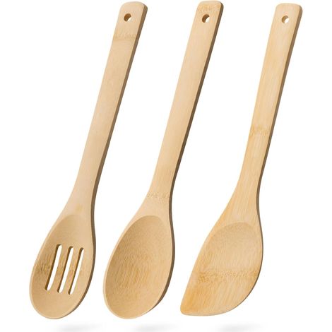 Cuillère En Bois - Spatule En Bois - Cuillère Échancrée En Bois - Ustensiles De Cuisine En Bambou Pour Poêles Antiadhésives - Lot De 3