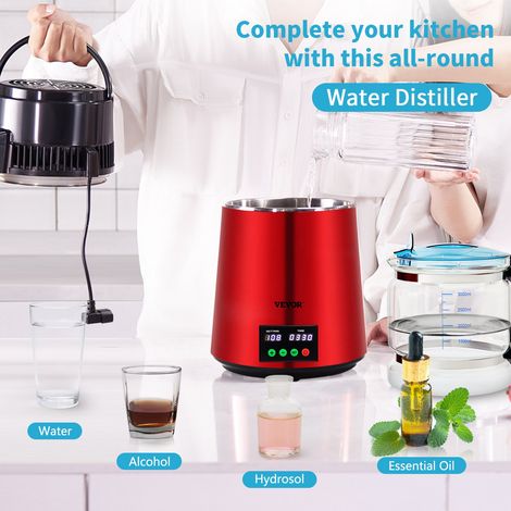 Distillateur d'Eau 4 L Machine à Eau Distillée 1 L/h Machine à Distiller l'Eau Inox Alimentaire Sûr Température 30-108 ℃ Minuterie Récipient en Verre Purification Maison Bureau Clinique Rouge (1/5)