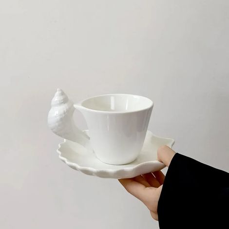 Tasse à café et soucoupe en céramique (200 ml) motif coquillage, tasse à thé et vaisselle, mug coquillage en relief