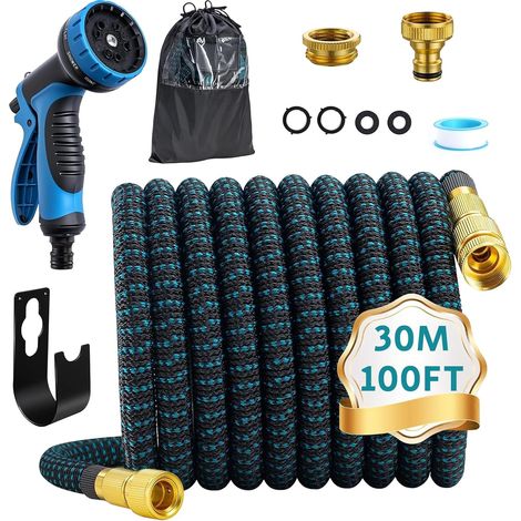 Expandable Garden Hose 30 m, Metal Fittings Retractable Garden Hose with 1/2 Inch and 3/4 Inch Adapter with 10 Spray Models for Garden Irrigation Cleaning Gardening (1/5)