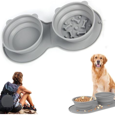 Gamelle Rétractable en Silicone pour Chien et Chat - Double Gamelle Pliable, Anti-Glouton, pour Voyage, Extérieur, Randonnée (1/5)
