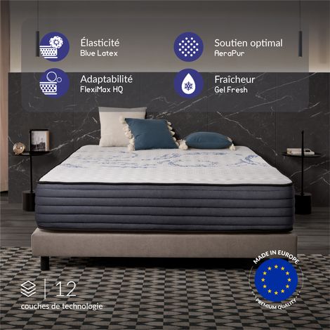Matelas Perfect Sleep - 180x200 cm - Mousse mémoire de forme HR, Blue Latex, Hypoallergénique - Confort Ferme - 7 zones de confort - Face été/Hiver - Très épais 30 cm