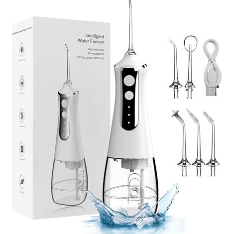 Idropulsore dentale senza fili, 300 ml, portatile, con 3 modalità e 5 ugelli, ricaricabile tramite USB, ideale per viaggi e uso domestico (bianco)