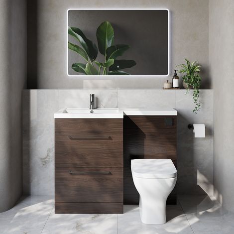 Napoli 460 Brown Oak 1100mm 2 Drawer Vanity Unit Toilet Suite with Left Hand Square Lucia Basin - 1100mm - Gunmetal Grey 320mm HandleWith Kingston Toilet Pan and Seat