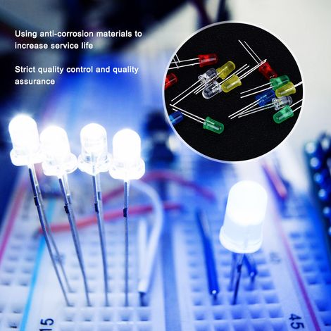Lot de 500 diodes LED 5mm anti-corrosion en plastique, couleurs bleu, vert, jaune, blanc et rouge (1/5)