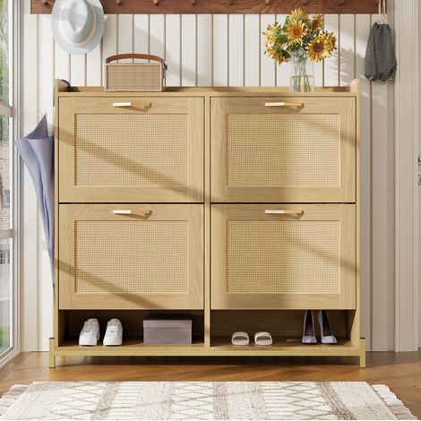 Élégant meuble à chaussures en bois à portes rotin, 4 portes, cadre métallique et étagère supérieure pour un rangement ordonné et stylé (1/4)