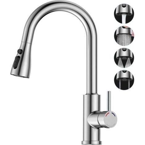 Robinet Cuisine avec Douchette Extensible Mitigeur - PRO Rabattable Mitigeur Robinet Evier de Cuisine avec 4 Douchette Modes, 360° d'É (1/4)