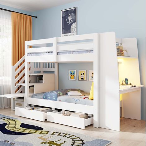 Lit mezzanine enfant 90 x 200 cm blanc avec bureau, escalier de rangement, LED et tiroirs (1/5)