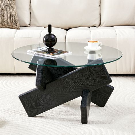 Runder Couchtisch Glas 79 cm, Couchtisch mit Glasplatte aus 0,8 cm gehärtetem Glas, schwarzer Wohnzimmertisch in Holzoptik, Höhe 45 cm
