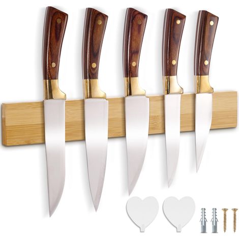 Porte Couteaux Aimanté, Barre Aimantée pour Couteaux, Barre Magnetique en Bambou, Porte-Couteau Magnétique pour Cuisine, Couteau à Bande Magnétique avec Aimant, 40 x 6 x 2 cm (1/5)