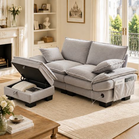 Canapé modulable 2 places velours côtelé avec pouf ergonomique mousse haute densité USB-C poches latérales salon bureau (1/5)