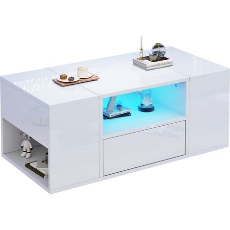 Table basse LED blanche 100 x 50 x 40 cm avec 1 tiroir, 2 placards, rangements multiples et surface brillante pour salon moderne, idéale près du canapé  CHICFURN (1/5)
