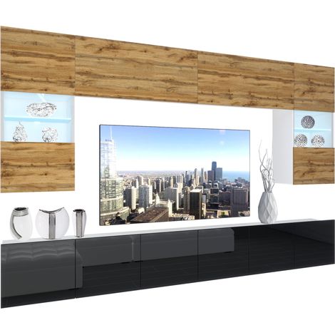BELINI - Unité Murale TV NEX I Ensemble Muebles de Salon Complet I Ensemble Meuble TV avec Illumination LED I Dimensions: 300 x 180 x 36 cm I Coleur: chêne wotan/Noir très Brillant 1