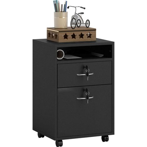 Filing Cabinet, Mobile File Cabinet with 2 Lockable Drawers, Office Home Organiser on Wheels for A4, Letter-Size File Folders, Mobile Printer with Open Shelf, Black
