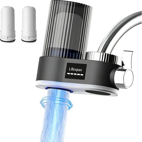 Filtre à eau pour robinet avec indicateur LED - Filtre à eau potable - Élimine le chlore, les métaux lourds - Stérilisation UV - Filtre à eau du robinet (avec 2 filtres) - Pour cuisine, voyage (1/5)