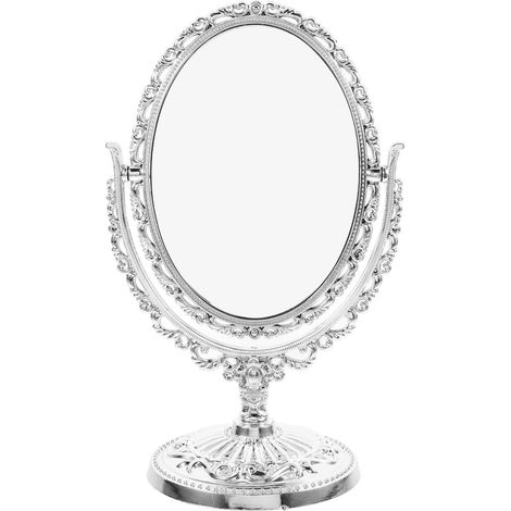 Miroir de maquillage ovale vintage avec fonction rotative Motif floral en filigrane Petit miroir sur pied pour commode et voyage Argent En ABS et verre (1/5)