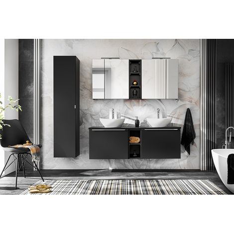 Otitec – Meuble haut de salle de bain noir 20 cm – Hauteur 65 cm – Profondeur 15 cm – Bois FSC – Montage rapide – 3 compartiments - L20-H65-P15 (1/3)