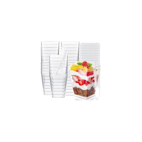 Tasse à Dessert - 40 pièces, Tasse à Dessert 5OZ/160ML Transparente + Couvercle/Cuillère - Carrée, Pour Pudding/Fête (1/5)