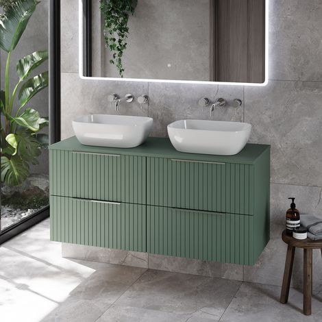 Helix 460 Fluted Satin Green 1200mm Wall Mounted 4 Drawer Vanity Unit for Countertop Basins