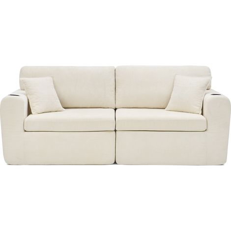Divano Relax a 2 Posti con Ricarica USB, Tasca Laterale, Porta Bicchieri e Cuscini, Chenille, Beige