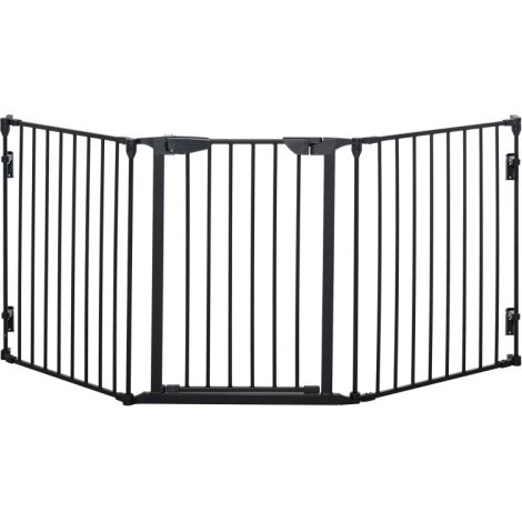 Foldable Pet Safety Gate with 3 Panels, Metal Playpen and Room Divider, Automatic Closing Door, Black Fireplace Barrier (1/5)