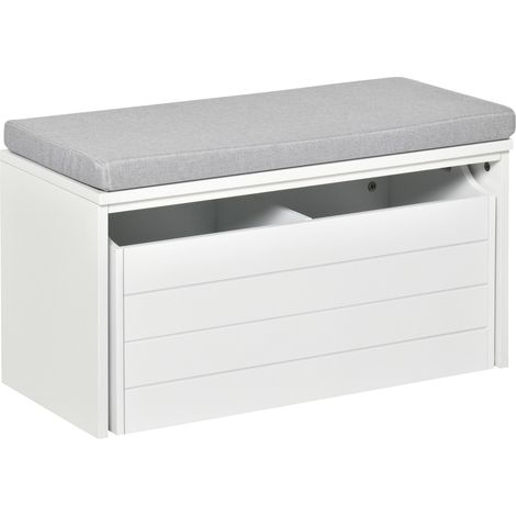 Homcom – Banc d'entrée de rangement avec coussin gris – Meuble à chaussures MDF blanc – Grand tiroir double compartiment – Dimensions 69L x 32l x 40H cm (1/5)