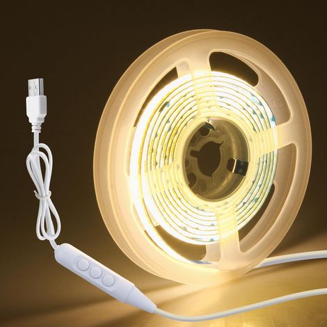 Bande lumineuse LED COB USB 1,5 m 5 V blanc chaud à intensité variable rétro-éclairage 480 LED haute densité flexible pour chambre à coucher, cuisine, armoire, vitrine, éclairage intérieur (1/5)