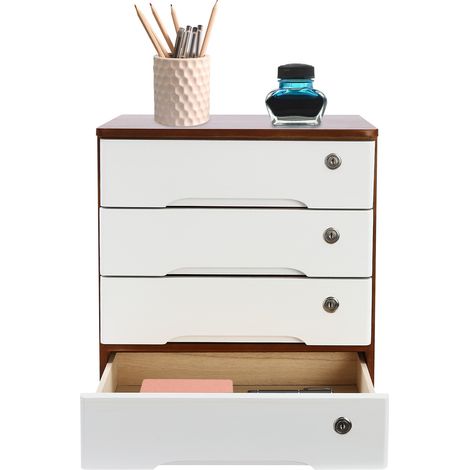 Schreibtisch-Organizer aus Holz mit Schubladen, Homeoffice, Bürobedarf, abschließbare Aufbewahrungsbox für den Schreibtisch mit Schubladen und 4 Einlegeböden, Aufbewahrungsregal, Nussbaum und Weiß (1/5)