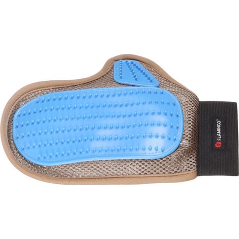 Gants de toilettage pour chiens et chats en plastique gris-brun et bleu, ressemblant à une brosse. (1/3)