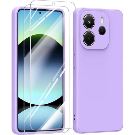 Silicone Coque pour Xiaomi Note 14 4G avec 2 Verre trempé Protection écran,Couleur Pastel Ultra-Mince Souple - Violet Violet (1/5)