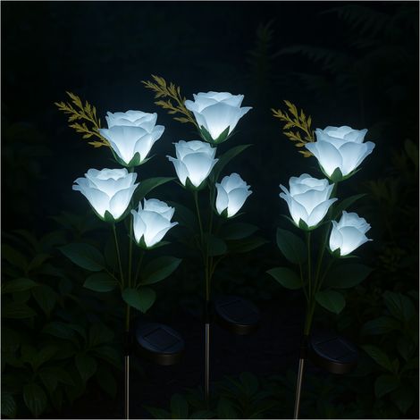 Lampada solare a LED a forma di rosa bianca, 80 cm, da giardino, con spina, grado di protezione IP65, con sensore crepuscolare, set da 2 pezzi. (1/5)