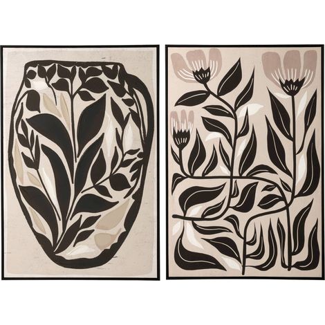 Duo de tableaux fleurs en toile encadrée - blanc cassé et noir (1/4)