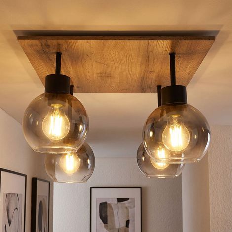 Deckenlampe Esstisch Retro Deckenleuchte rustikal Landhaus Deckenlampe Wohnzimmer Holz, MDF Glas rauch Metall, 4 Flammig E27, LxBxH 40x40x33,5cm