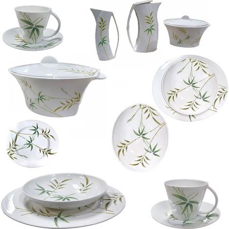 Servizio di piatti in porcellana bianca fiore verde tazzine tè caffè tazza caffettiera teiera lattiera zuccheriera zuppiera - Set tavola porcellana: Set 6 tazzine caffè con piattini (1/5)