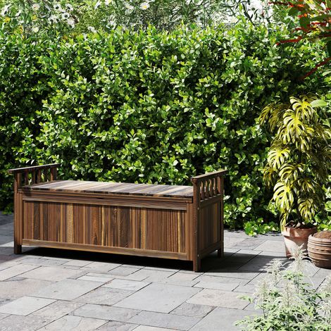 Panchina da giardino in legno a 2 posti, resistente alle intemperie, con vano portaoggetti e braccioli, 128,5 x 52 x 53,5 cm, carbonizzata (1/5)