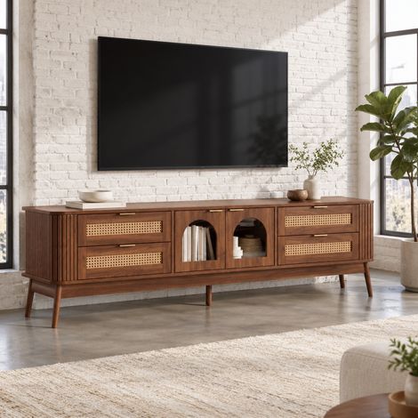 Mobile TV 180 cm con LED tramite app, 4 cassetti, porte in vetro temperato, noce OKMYHOME (1/5)