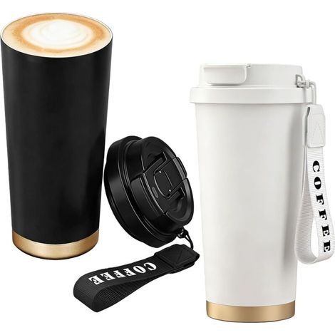 Lot de 2 tasses à café à emporter, isothermes, 530 ml, en acier inoxydable 316, anti-fuite, avec couvercle et paille, isothermes, pour eau, café, thé, blanc et noir (1/5)