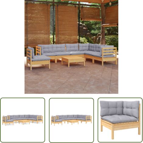 The Living Store 8-tlg. Garten-Lounge-Set mit Grauen Kissen Kiefer Massivholz - Gartensessel - Lounge Set - Gartenmöbel - Outdoor Möbel - Rattan Sessel (1/5)