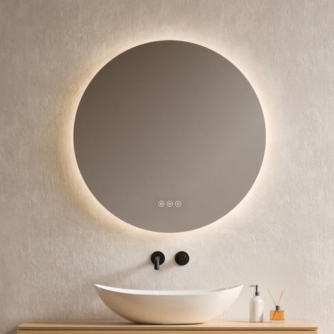 EMKE Miroir lumineux salle de bain rond diamètre 80cm, Miroir LED rétro-éclairage avec Interrupteur Tactile, Anti-buée, Miroir avec éclairage Lumière Blanche Froide/Neutre/Chaude