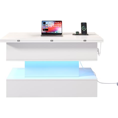 ELVMI Höhenverstellbarer Couchtisch mit 2 Klappplatten, Verstecktem Stauraum, LED und Steckdosen, Weiß (1/5)