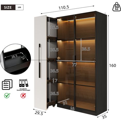 Vitrine multifonction en verre noir et blanc 110,5 x 35 x 160 cm avec LED et tiroir latéral HOMAIRE (1/5)