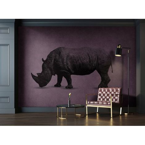 Papier peint panoramique animaux violet & noir | Tapisserie panoramique rhinocéros géométrique chambre | Papier peint panoramique moderne pour escalier - 270 x 400 cm (4 pièces) (1/5)