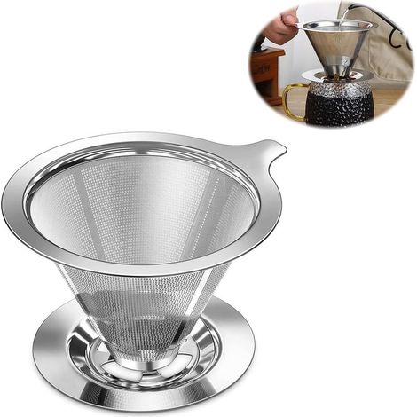 Filtre Cafe Permanent avec Socle, Filtre à Café Réutilisable Inoxydable, Porte Filtre à Café Conique avec Double Maille, Sans Papier Filtre Cafe, IdéAl pour Filtrer Café Filtre Argent (1/5)