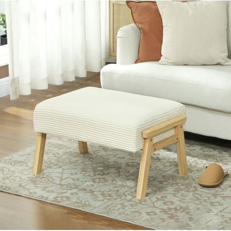 Pouf repose-pieds en velours côtelé crème, assise rembourrée confortable, pieds en bois, 70 x 46 x 40 cm, style rétro, CHICFURN (1/5)