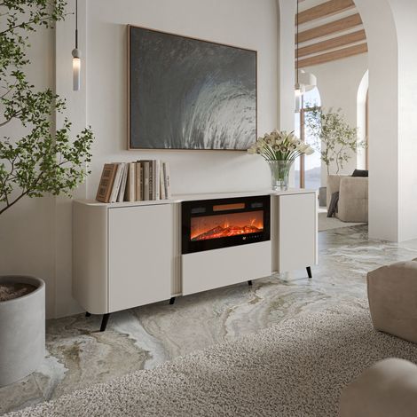 Credenza Briano, Madia da salotto con due ante battenti, anta a ribalta e camino elettrico, Rialzata da terra, 191x40 h69 cm, Beige (1/5)