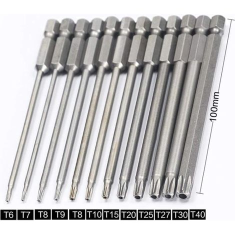 YMYNY Set of 11 long Torx bits for screwdrivers and electric screwdrivers - Magnetic bits - 1/4 inch hexagon shank - Sizes T6 to T40 - Length 100 mm (1/4)