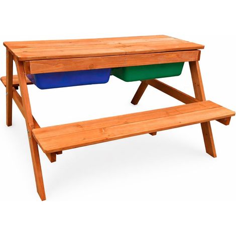 Tavolo in Legno GINGER HOME con Panche e Sabbiera per Bambini – 2 in 1, Piano Sollevabile, 90×86×50 cm (1/5)