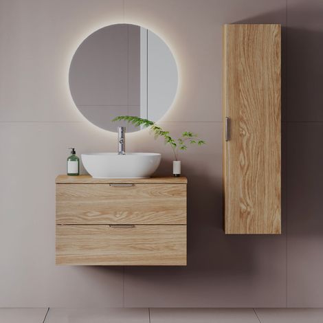 Conjunto mueble lavabo individual 80cm y columna Astrid Madera (1/4)